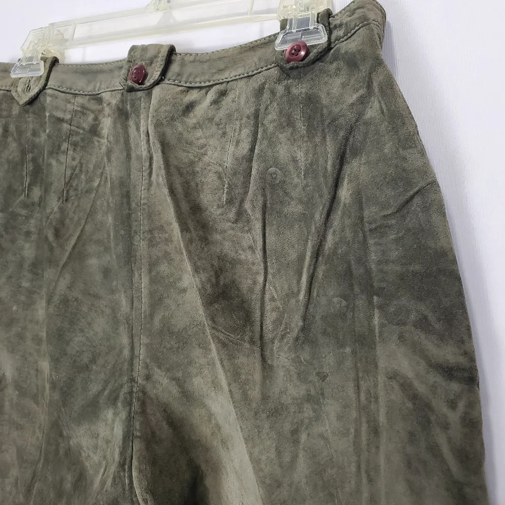 BERNARDO Olive / Sage Green Genuine Suede Leather Wide Leg Pants Sz 10 Vintage